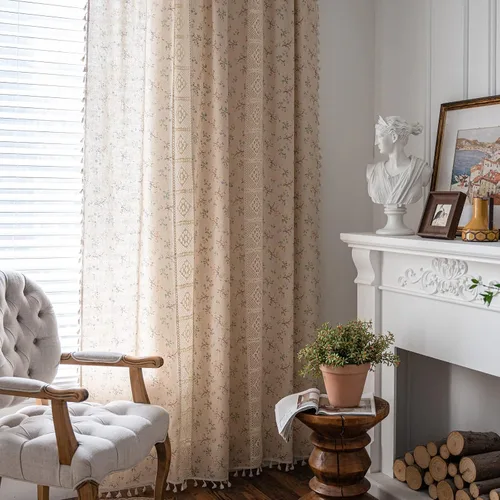 Miniatura 4 de Deeprove Cortinas bohemias para dormitorio, rayas huecas de ganchillo crema y estampado floral, tela de lino de algodón, con borlas beige bohemias