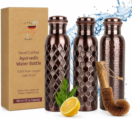 Alpha Living Home Pure Copper Water Bottle Set of 3 - Handcrafted Drinking Bottles with Hammered, Diamond & Honeycomb Design - Leak Proof Wide Mouth