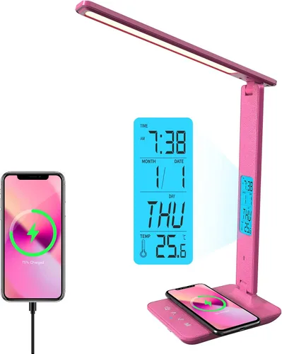Miniatura 10 de Lámpara de escritorio LED con cargador inalámbrico, puerto de carga USB, lámpara de mesa con reloj, alarma, fecha, temperatura, lámparas de Negro