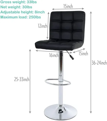 Miniatura 3 de Juego de 2 taburetes de bar de piel sintética con altura de mostrador, taburetes de bar ajustables en altura, silla de bar, taburete de cocina, Negro