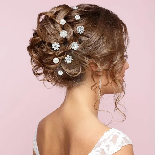 Miniatura 7 de Paquete de 40 horquillas para el pelo de perlas de boda para novia, perlas plateadas con diamantes de imitación, accesorios para decoración