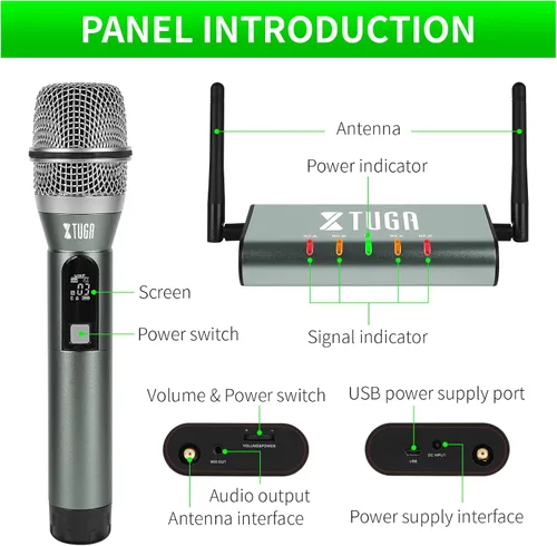 Miniatura 8 de XTUGA Sistema de micrófono inalámbrico UHF de 4 canales, Plug and Play, micrófonos de mano de metal con rango de 164 pies, mini receptor
