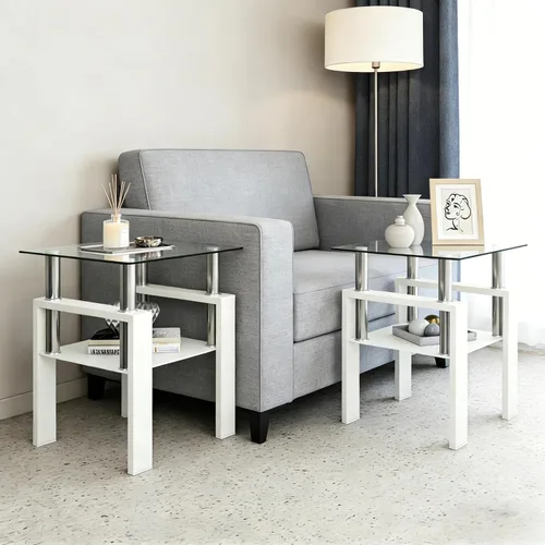 Miniatura 8 de Mesa auxiliar pequeña de cristal, mesa auxiliar blanca de 2 niveles con patas de metal, mesa auxiliar cuadrada, elegante y resistente para espacios