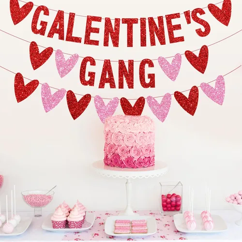 Miniatura 3 de 3 piezas de decoración del día de los galentinos, pancarta con purpurina de la banda de Galentine con guirnalda de corazón de amor, decoración