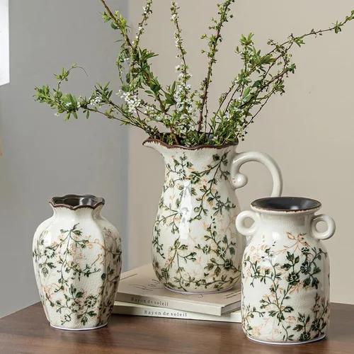 Miniatura 18 de Jarrón de cerámica verde y blanco con asa, florero rústico para decoración de hogar estilo “chinoiserie”, “grandmillenial” y toscano, jarrón