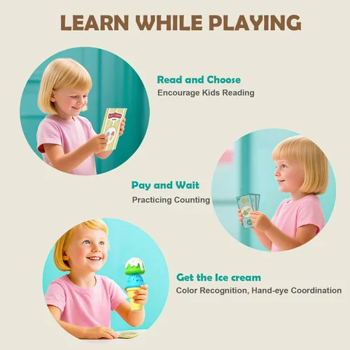 Miniatura 3 de Juego de helado para niños - Juguetes de simulación para niñas de 3 a 4 años Comida para mostrador de helados con delantal, cuchara, menú, dinero