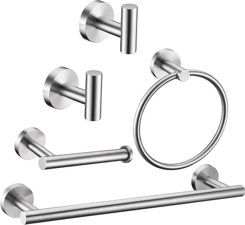 Juego de accesorios de baño de níquel cepillado de 5 piezas incluye barra para toallas de 16 pulgadas, 2 ganchos para toallas, soporte para papel