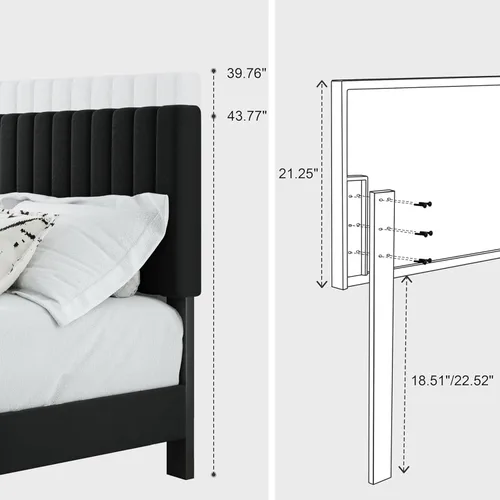 Miniatura 6 de Marco de cama tamaño Queen, cama plataforma tapizada en terciopelo con cabecero acolchado ajustable, marco resistente y listones, silencioso,