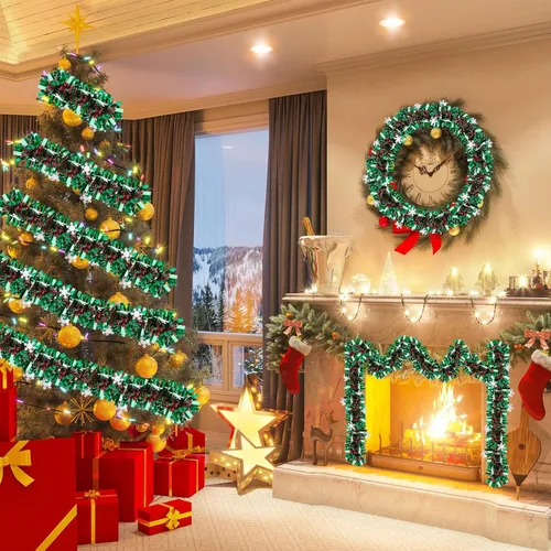 Miniatura 2 de Guirnalda de oropel de copo de nieve de Navidad - Guirnalda metálica gruesa verde de 33 pies para decoración de árbol de Navidad, decoraciones