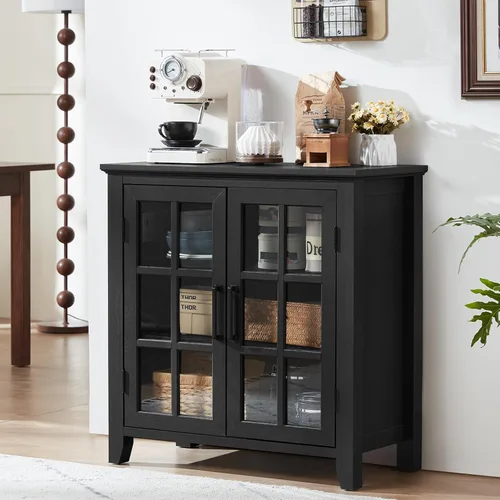 Joaxswe Aparador Buffet Grande con Almacenamiento, 32" Gabinete Negro Estilo Granja para Cocina Café Vino Bar con 2 Puertas de Vidrio, Mesa Aparador