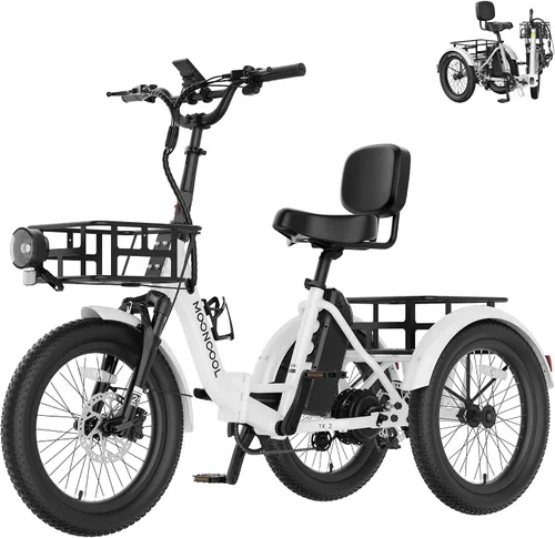 Miniatura 13 de MOONCOOL Triciclo eléctrico plegable para adultos, E-Trike de aluminio de 20 pulgadas con función de marcha atrás y opciones de largo alcance, Plata