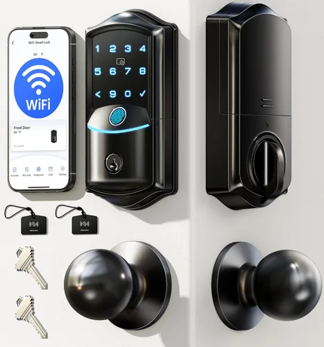 Veise VE027-K - Cerradura inteligente WiFi integrada con 2 perillas, juego de manijas de cerradura de puerta de entrada sin llave para puerta Negro