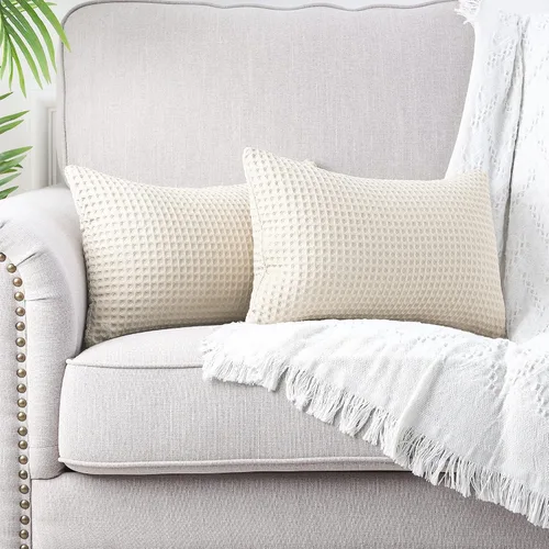 Miniatura 2 de MANDIOO Juego de 2 fundas de almohada lumbares con textura de gofre, fundas de cojín decorativas de algodón sólido suave para sofá, cama, 12 x 20