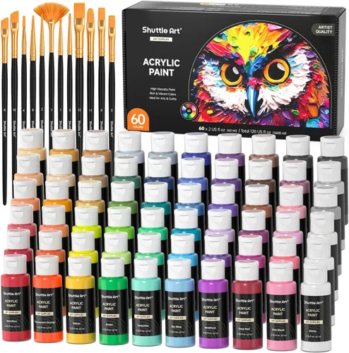 Juego de pintura acrílica de 72 piezas, Shuttle Art 60 colores de pintura acrílica incluyendo blanco extra, negro y 12 pinceles, 2 oz/60 ml, Regular