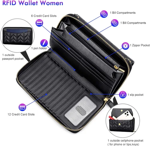Miniatura 3 de nuoku Cartera RFID para mujer, bolso cruzado con cremallera alrededor de 2 correas