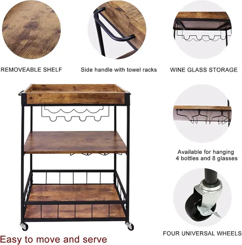 Miniatura 6 de aboxoo Carrito de bar de vino de 3 niveles grande para el hogar, estante de vino rodante con ruedas, carrito de servicio de cocina móvil