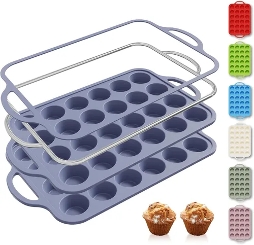 Miniatura 37 de 2 paquetes de 12 tazas de molde para magdalenas de silicona para hornear con marco reforzado de metal, molde para cupcakes de tamaño regular, Crema