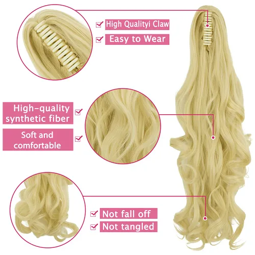 Miniatura 4 de OMGREAT Extensiones de cola de caballo largas con clip, extensiones sintéticas gruesas de 24 pulgadas para mujer, con garra de mandíbula, rubio