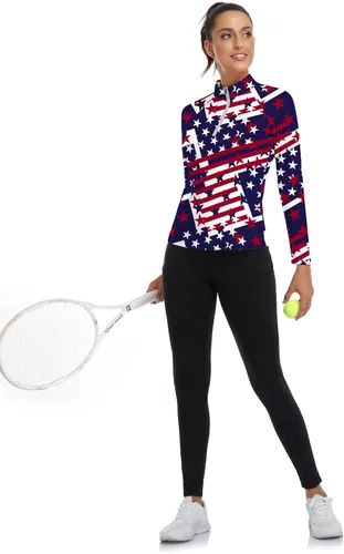 Miniatura 19 de WOWENY Camiseta deportiva de manga larga para mujer, con cremallera de un cuarto, cuello para entrenamiento, camiseta de tenis con estampado
