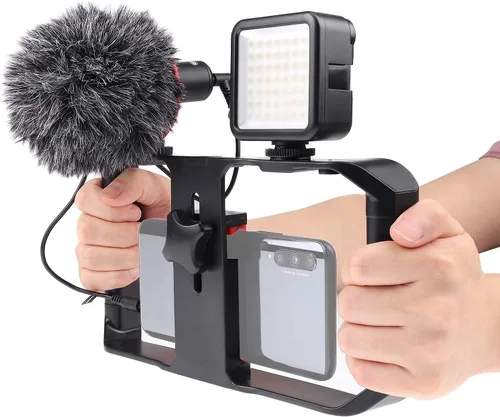 Miniatura 2 de FocusFoto PRO U-Rig - Soporte estabilizador para cámara de video para teléfono inteligente, agarre estabilizador con micrófono mejorado por-MM1+