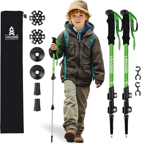 Croosse - Bastones de senderismo ligeros y plegables para niños, bastones de senderismo retráctiles de aluminio, paquete de 2 bastones de esquí Verde