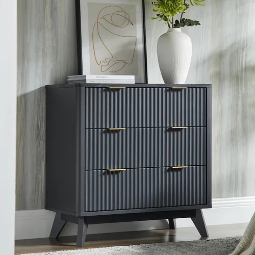 Miniatura 19 de T4TREAM Cómoda acanalada de 3 cajones, cómoda moderna de 32 pulgadas de alto, diseño de perfil curvo, organizador de cajones de madera para Aliso