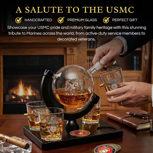 Miniatura 3 de U.S. Marine Globe - Juego de decantador de whisky con 4 vasos de licor, juego de regalo USMC con base de madera de caoba y emblema, regalos USMC