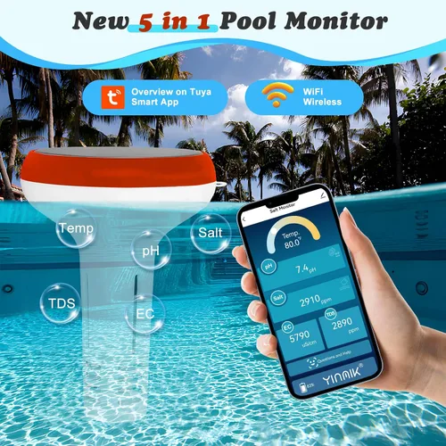 Miniatura 2 de YINMIK - Monitor inteligente de piscina, lector de sal de piscina con energía solar, medidor digital de sal de pH para piscina de agua salada