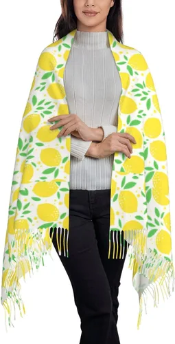 Bagea-Ka Bufanda con patrón de limón, color amarillo, hojas verdes, pashmina para mujeres y niñas con borlas suave, cálida y acogedora, Negro, talla
