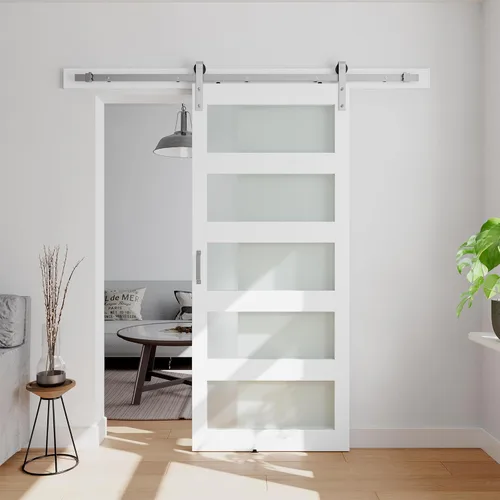 Puerta de granero de vidrio de 36 x 84 pulgadas con kit de herrajes y mango de níquel cepillado de 6.6 pies, agujeros preperforados, fácil montaje,