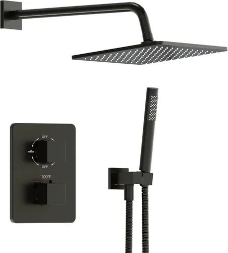 Esnbia Sistema de ducha termostático negro, juego de grifo de ducha de metal con cabezal de ducha de lluvia de 10 pulgadas, cabezales de ducha de