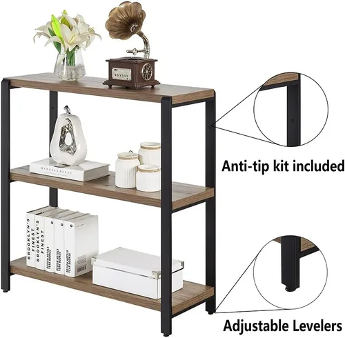 Miniatura 4 de FOLUBAN Estantería de 3 niveles, estantería industrial y estantes para libros, para dormitorio, madera rústica y metal, para oficina, roble