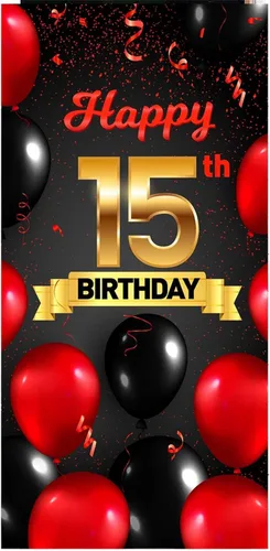 Cartel de feliz cumpleaños 15 cumpleaños rojo y negro telón de fondo para cabina de fotos, globos de vítores a 15 años de edad, decoración temática