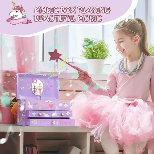 Miniatura 5 de efubaby Joyero musical para niñas, organizador de joyas de 3 capas con cajones, diseño de unicornio de bailarina giratoria, incluye juego de joyas
