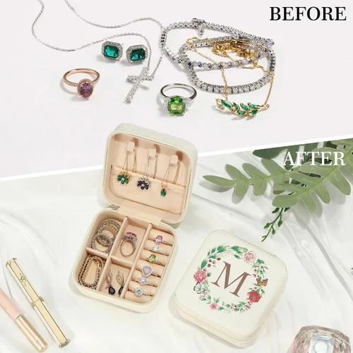 Miniatura 5 de Parima Joyero de viaje Pequeño organizador de viaje de joyería con inicial Joyero de viaje blanco para mujeres y niñas Organizador de collar