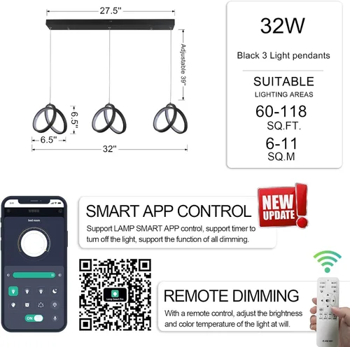 Miniatura 3 de Modernos candelabros de isla – Aplicación remota e inteligente con atenuación ajustable, brillo brillante en 60-118 pies cuadrados, luces de techo 3