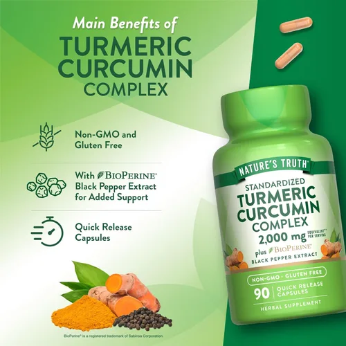 Miniatura 5 de Nature's Truth Suplemento de cápsulas de curcumina de cúrcuma con 95% curcuminoides estandarizados y bioperina 90 unidades Sin OMG y sin gluten