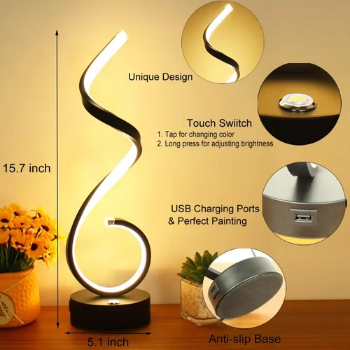 Miniatura 4 de Juego de 2 lámparas de mesa LED en espiral modernas, lámpara de mesa de control táctil de 10 W con puertos de carga USB, regulable, 3 modos de Negro