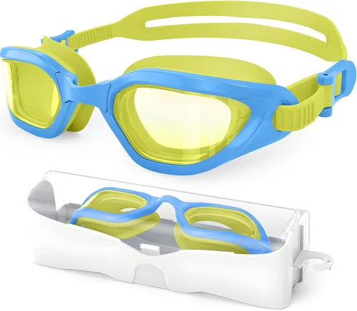 Gafas de natación para niños en doble tono, almohadillas ajustables para la nariz y silicona suave a prueba de fugas (6-14), visión clara, antivaho