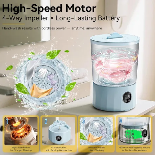 Miniatura 5 de Lavadora de ropa interior de 1.5L, mini lavadora portátil recargable con 3 modos de limpieza para ropa personal, ropa interior, calcetines, ropa
