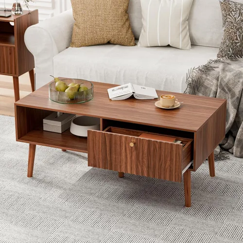 Miniatura 8 de LCRBOL Mesa de café con almacenamiento, Mesa de comedor bohemia con cajón acanalado y patas de madera maciza, Mesas de café pequeñas para sala