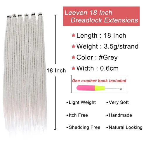 Miniatura 2 de Leeven Extensiones de rastas grises de 40 hebras de 18 pulgadas con terminación única hechas a mano, extensiones de rastas suaves de 0.6 cm