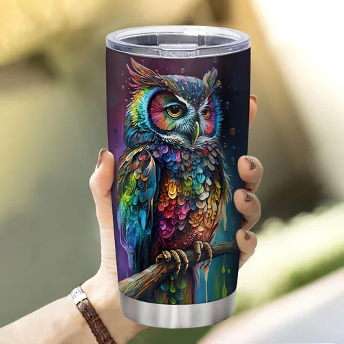Miniatura 5 de Hyturtle Vaso Personalizado para Amantes de Búhos - Vaso de Café de Acero Inoxidable con Impresión de Búhos y Nombre Personalizado 590 ml con Tapa