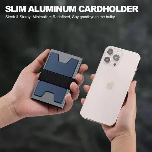 Miniatura 37 de Cartera delgada de aluminio para hombre, placa trasera expandible duradera, bloqueo RFID, billetera desplegable de metal minimalista, con capacidad