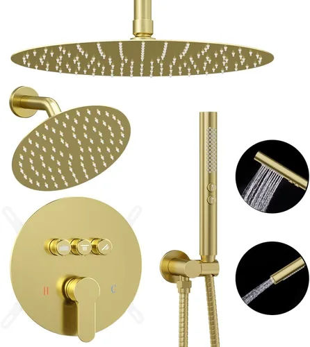 Miniatura 11 de Sistema de ducha dorado cepillado, grifo de ducha de cinco funciones, perilla desviadora de lluvia con 2 en 1 de mano, montaje de techo de 10