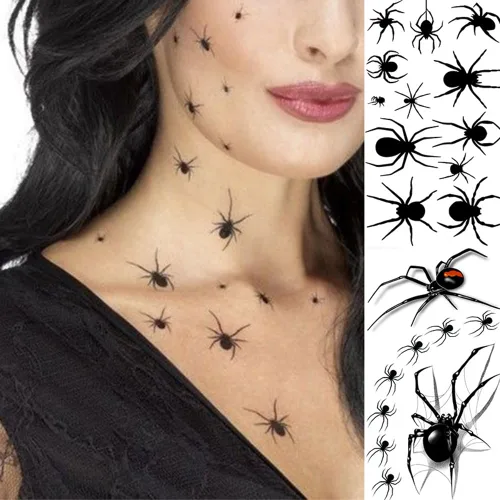 10 hojas de tatuajes temporales de Halloween para mujeres y hombres, calavera negra de terror, fantasma, araña, tatuajes falsos 3D, calcomanías para