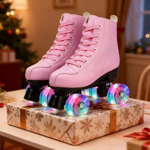 Miniatura 6 de Gets Patines altos para mujer, piel sintética, cuatro ruedas, doble fila, brillante, para interiores y exteriores rosado (Pink Flash)