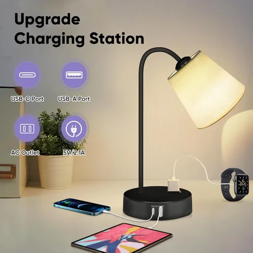 Miniatura 2 de Juego de 2 lámparas de mesa industriales para dormitorio, lámpara de noche táctil regulable de 3 vías para mesita de noche con puertos USB C+A