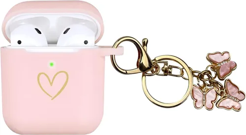 Miniatura 15 de Funda compatible con AirPods, funda de silicona suave con patrón de corazón dorado para AirPods de 2 y 1 generación con bonito llavero de mariposa