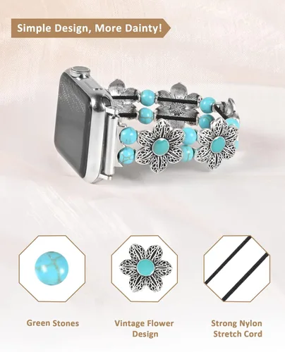 Miniatura 2 de Wearlizer Compatible con Apple Watch Band de 38/40/41/42/44/45/1.929 in para mujer, pulsera elástica con cuentas turquesa bohemia hecha a mano